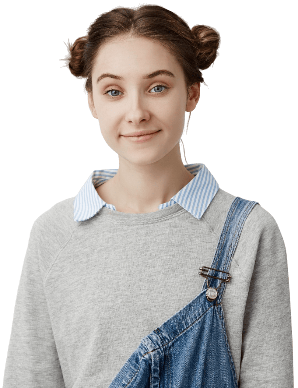 tete-belle-femme-annees-20-apparence-europeenne-debout-mur-blanc-souriant-sincerement-actrice-feminine-salopette-jean-participant-casting-pour-nouveau-film-concept-bonheur - Grande